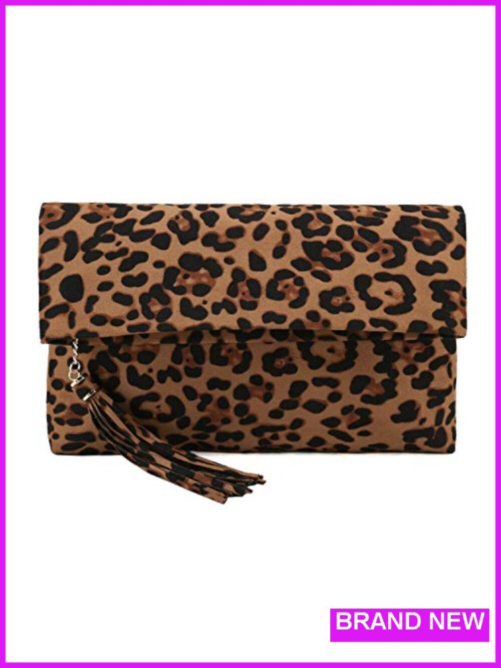 Faux Suede Leopard Clutch Foldover Tassel Chain Strap Women's Evening Bag